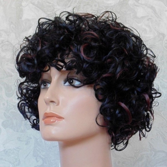Short Curly Black Brown Highlighted Heat OK Wig main image 7